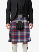 Person wearing a traditional Scottish kilt with a tartan pattern on a white background