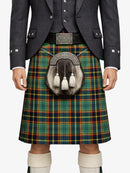 Person wearing a traditional Scottish kilt with a tartan pattern on a white background