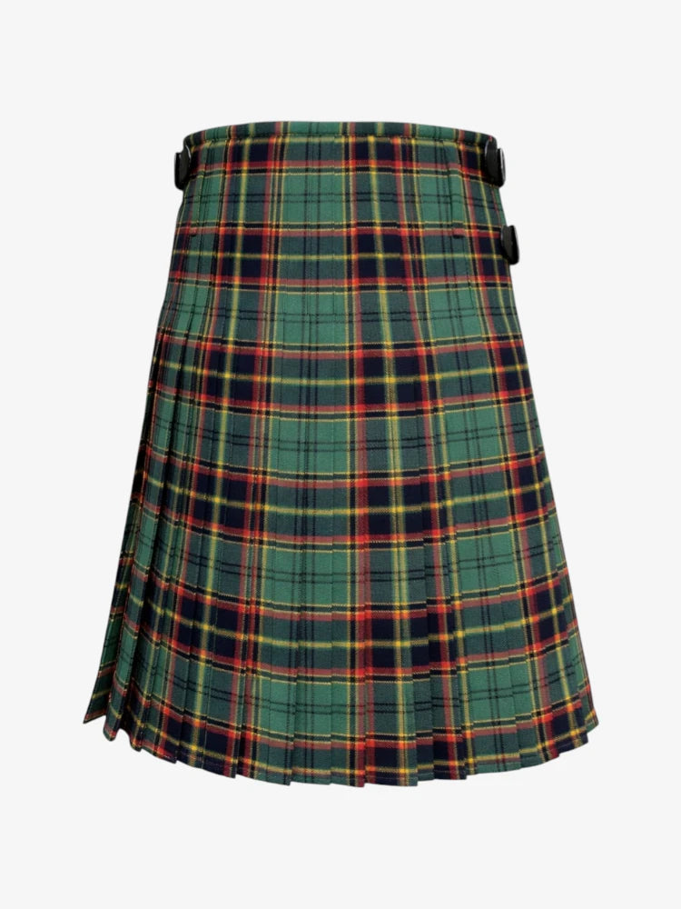 Plaid kilt with green, red, and yellow pattern on a white background