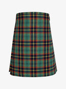 Plaid kilt with green, red, and blue pattern on a white background