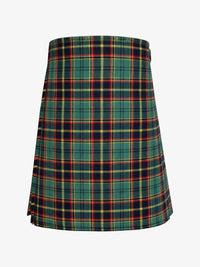 Plaid kilt with green, red, and blue pattern on a white background