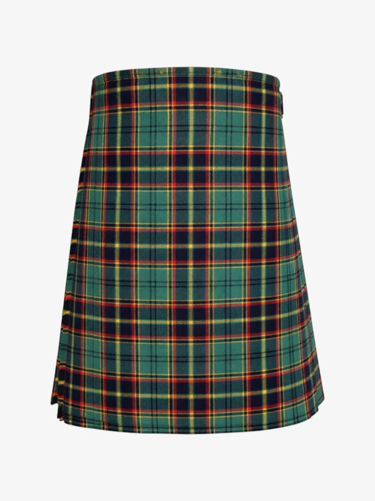 Plaid kilt with green, red, and blue pattern on a white background
