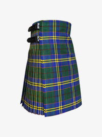 Blue and green plaid kilt with a black belt on a white background