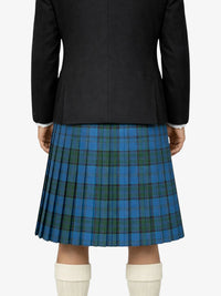 Person wearing a black coat and blue plaid kilt on a white background