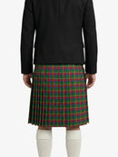 Person wearing a black jacket and green plaid kilt on a white background
