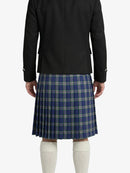 Person wearing a black jacket and blue plaid kilt on a white background