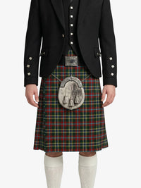 Person wearing a Scottish kilt with a tartan pattern on a white background