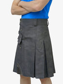 Person wearing a gray kilt with a blue top on a white background