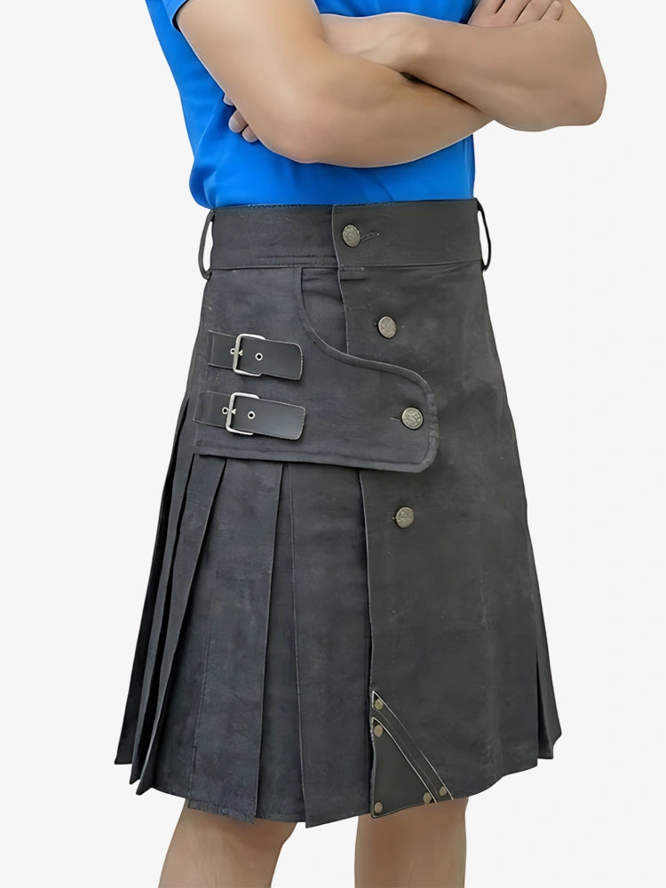 Kilt utility in denim nero con cinghie su misura