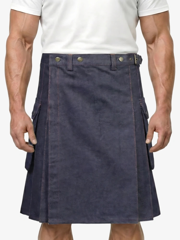 Kilt in denim blu con filo rosso su misura
