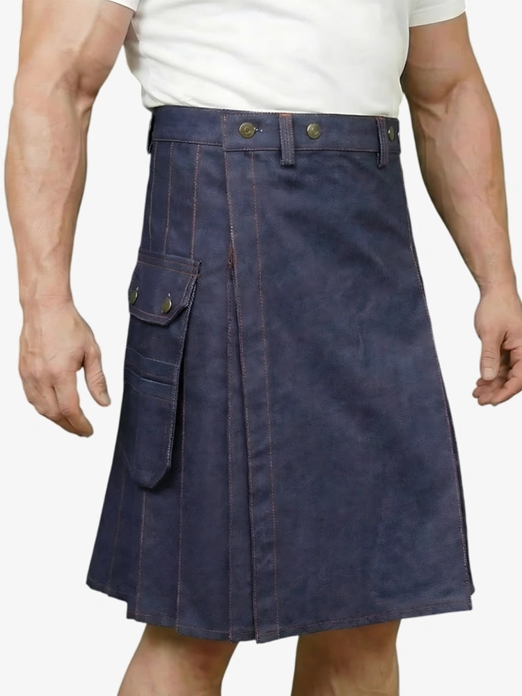 Kilt in denim blu con filo rosso su misura