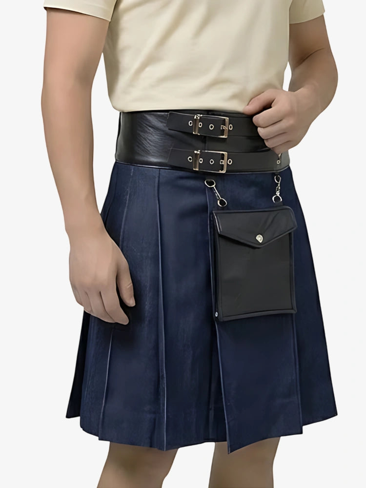 Kilt in denim blu con pelle su misura