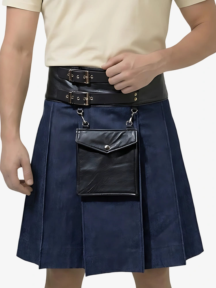 Kilt in denim blu con pelle su misura