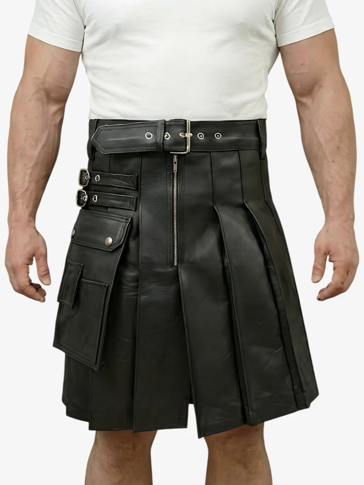 Kilt in Vera Pelle Nera Su Misura con Tasca Laterale