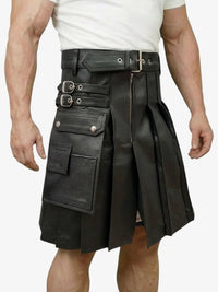 Black leather kilt worn by a person on a white background