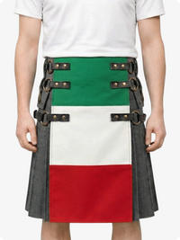 Person wearing a colorful kilt with green, white, and red sections on a white background