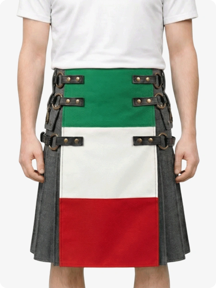 Person wearing a colorful kilt with green, white, and red sections on a white background