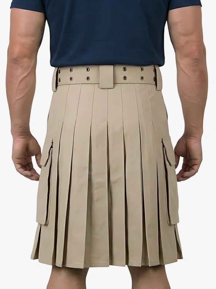 Person wearing a beige pleated kilt with a belt on a white background