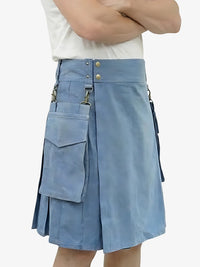 Blue denim skirt worn by a person on a white background