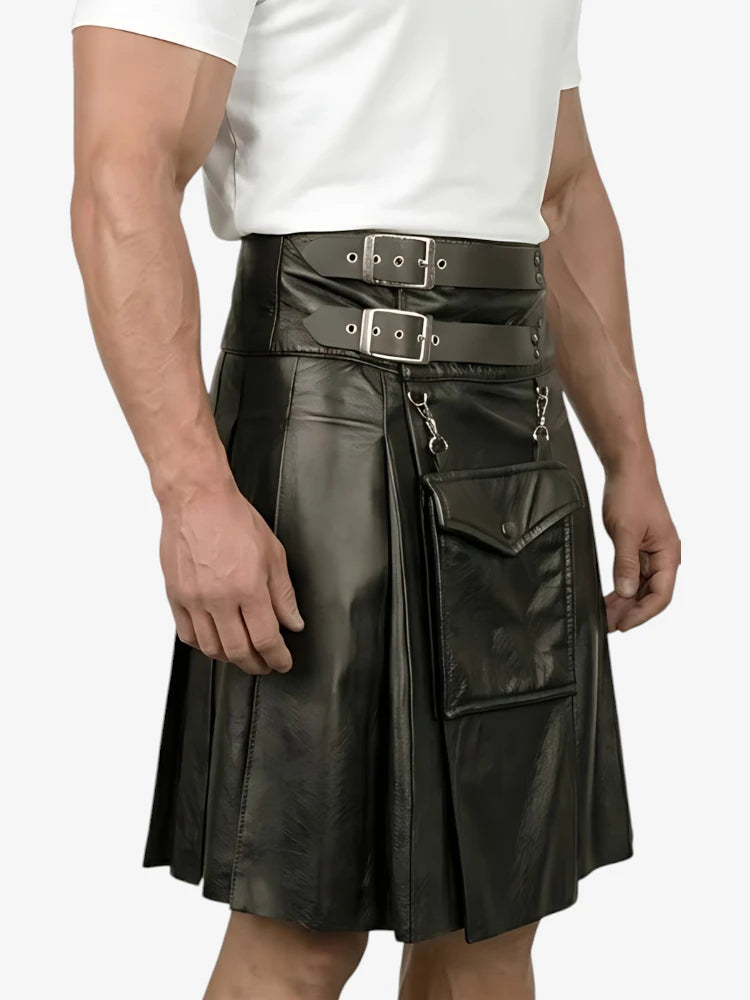 Kilt da uomo in pelle bovina nera su misura