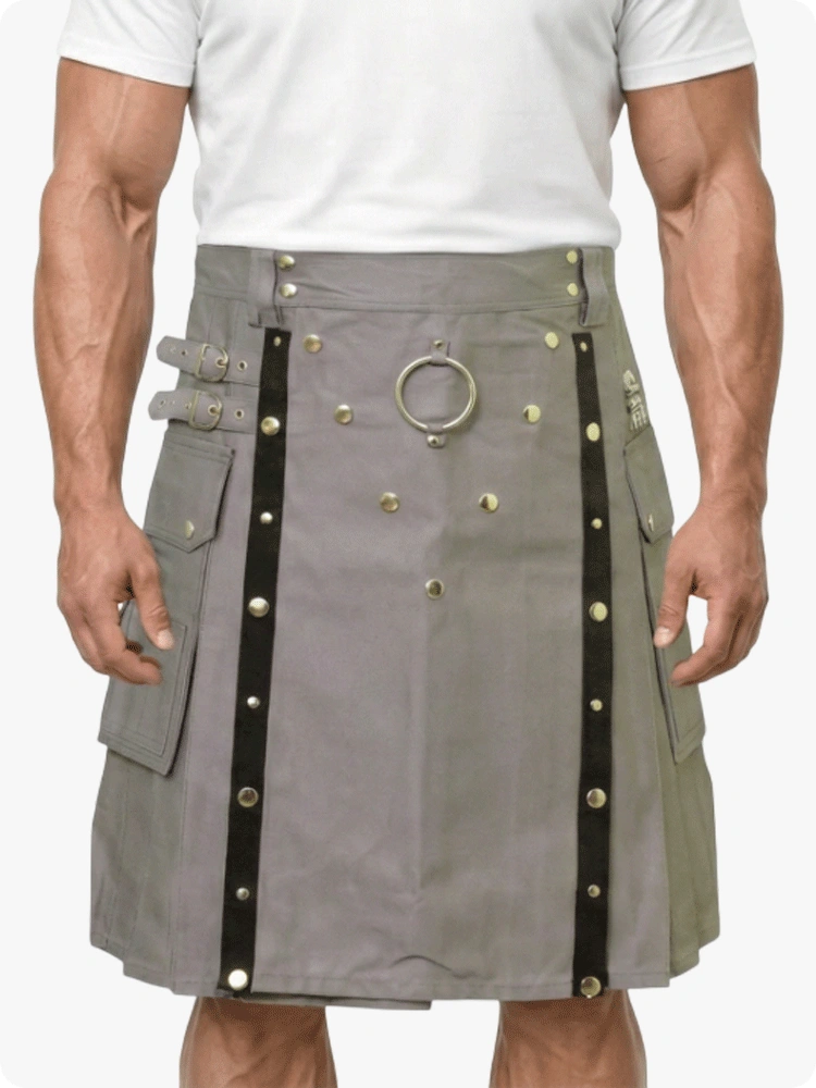 Gray kilt with black accents and gold buttons on a white background
