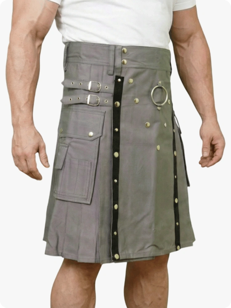 Gray and green hybrid kilt worn by a person on a white background
