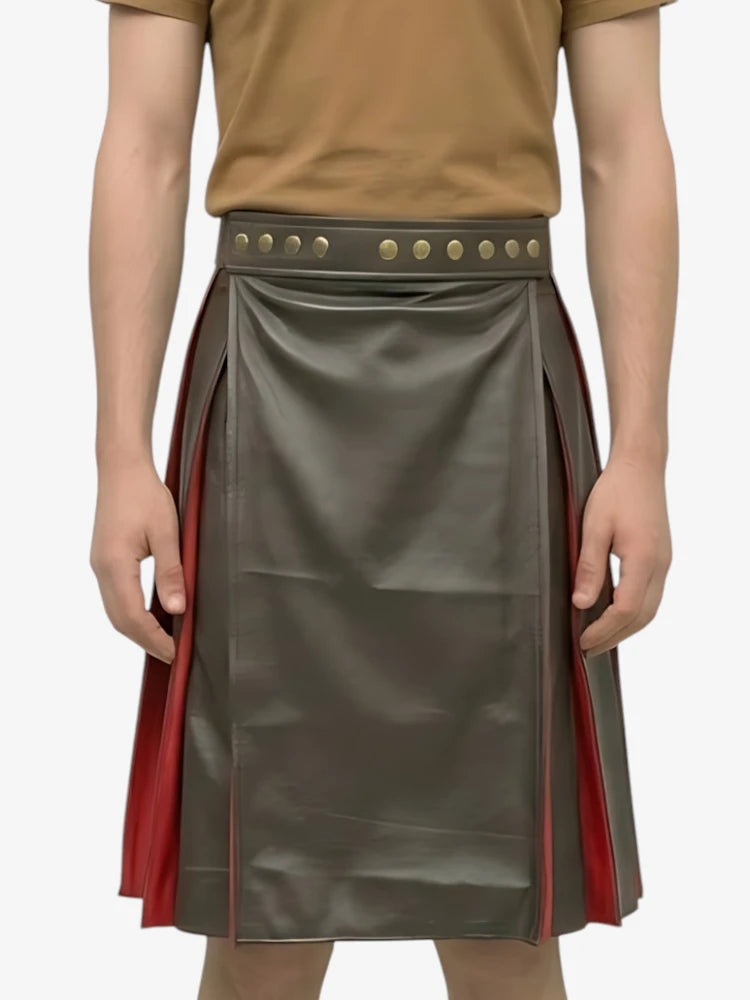 kilt plissé en cuir noir et rouge