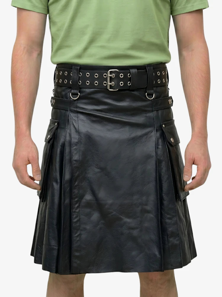 Kilt scozzese in pelle nera per uomini attivi su misura