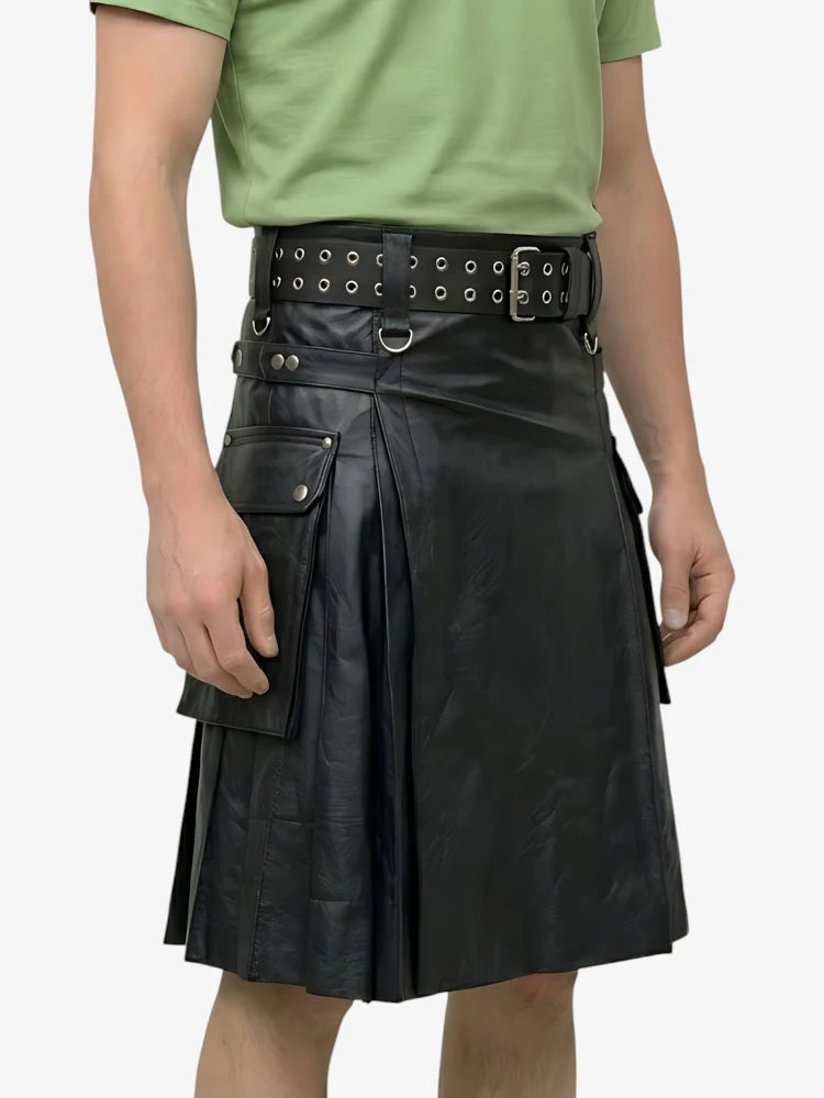 Kilt scozzese in pelle nera per uomini attivi su misura