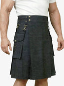 Person wearing a gray kilt on a white background