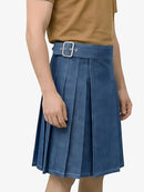 Blue pleated skirt with a belt worn by a person on a white background