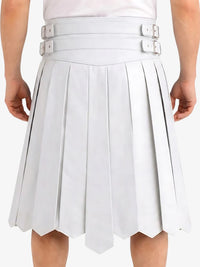 White pleated skirt with silver belt on a white background