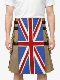 Kilt with Union Jack design worn by a person on a white background