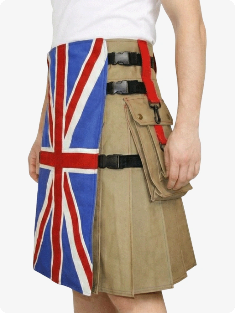 Kilt with British flag design and beige pocket on a white background
