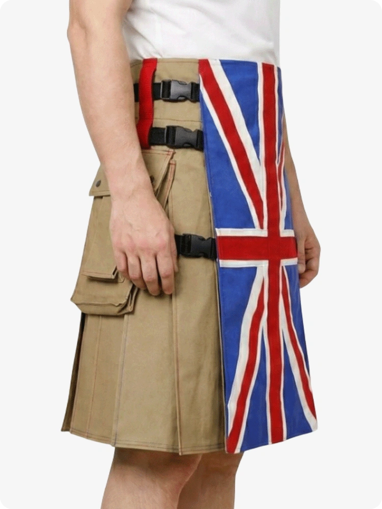 Person wearing a kilt with a Union Jack design on a white background