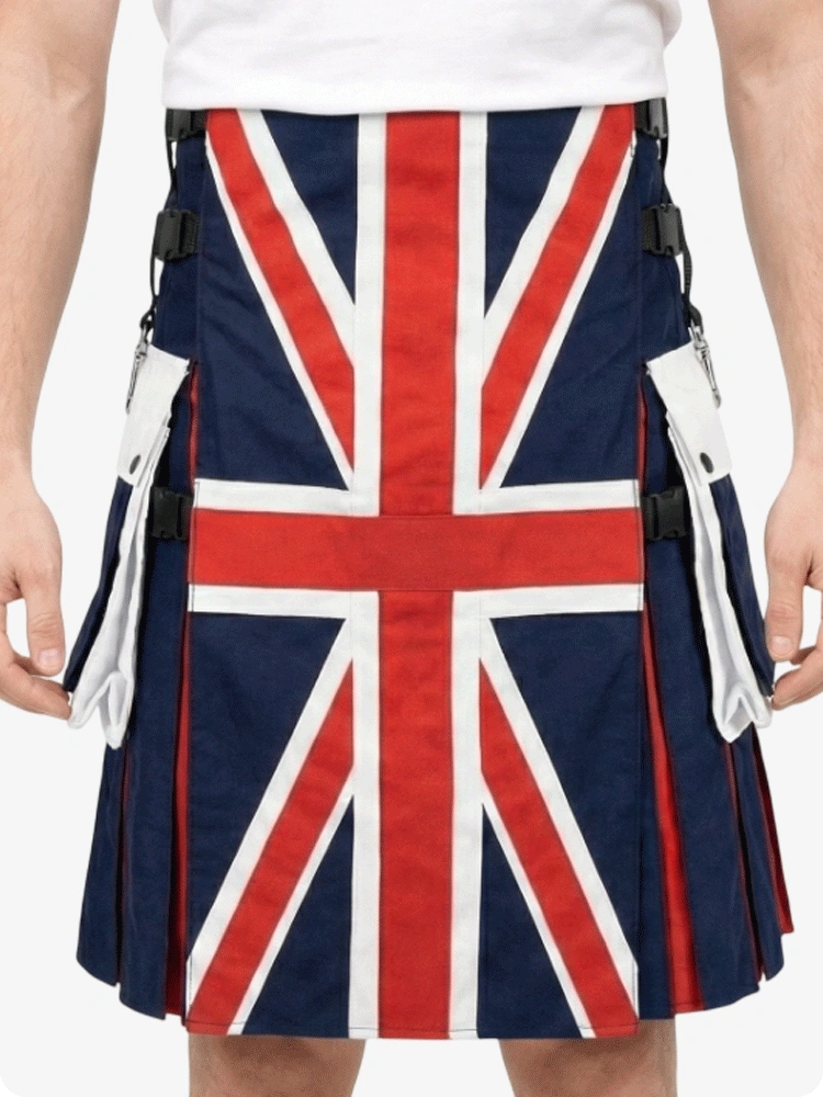 Kilt with Union Jack design worn by a person on a white background