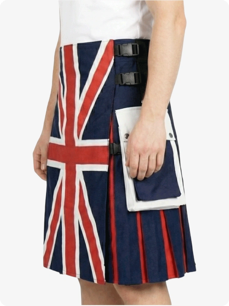 Skirt with Union Jack design worn by a person on a white background