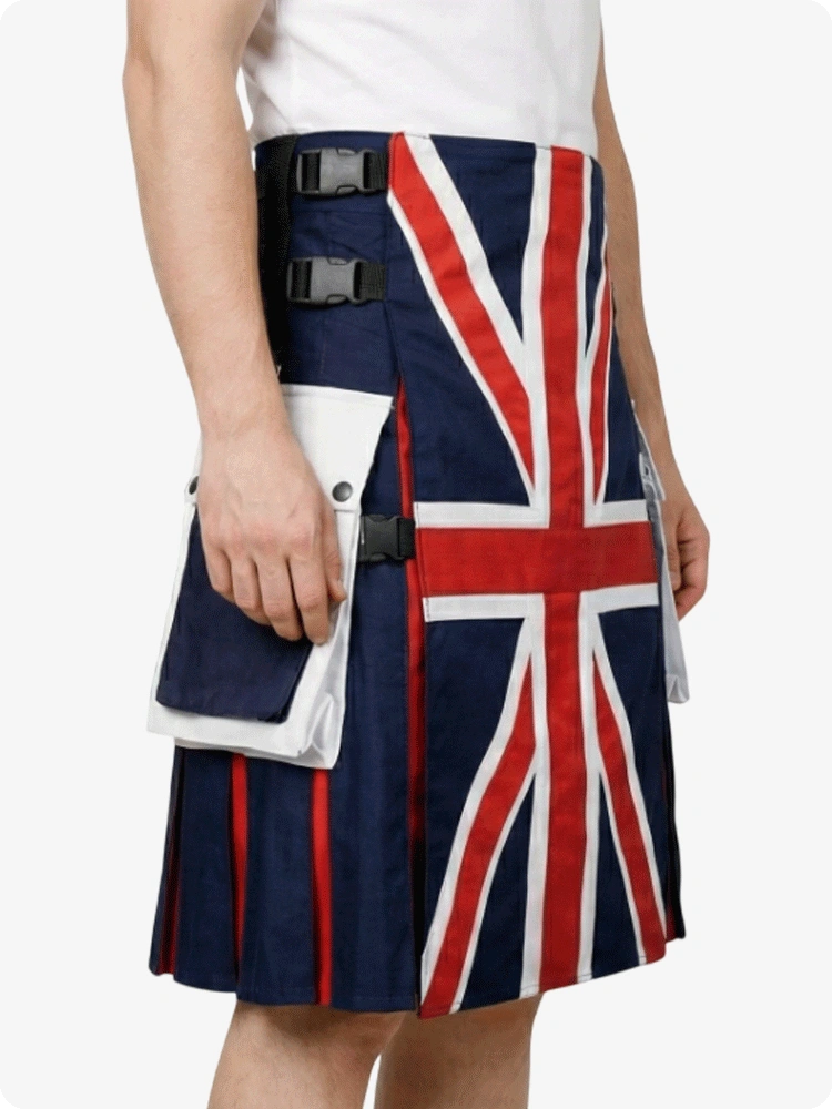 Kilt with Union Jack design worn by a person on a white background