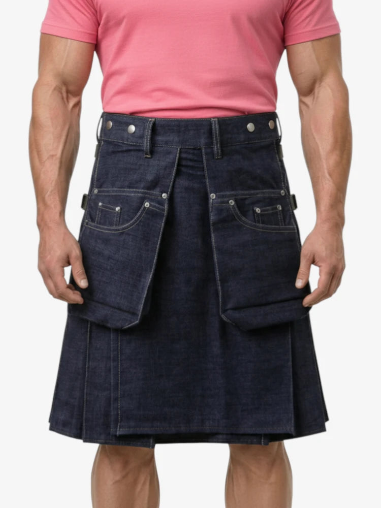 Gonna Scozzese in Denim Blu Scuro