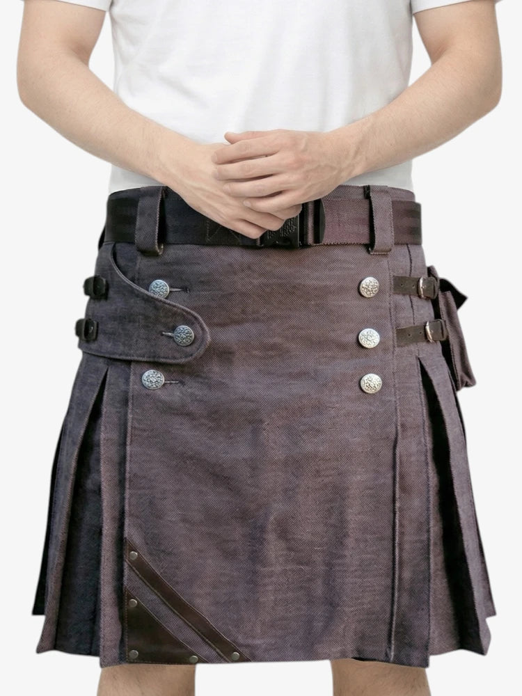 Gonna Scozzese in Denim Marrone Scuro con Dettagli Decorativi