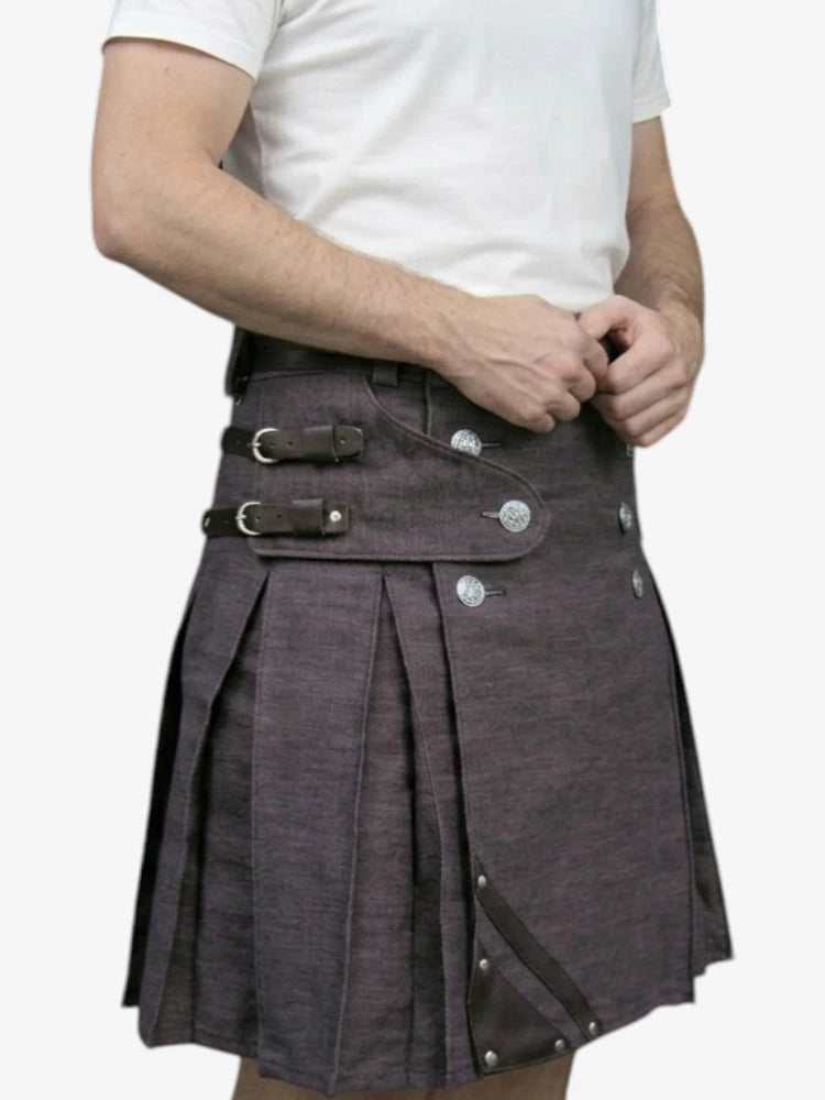 Gonna Scozzese in Denim Marrone Scuro con Dettagli Decorativi