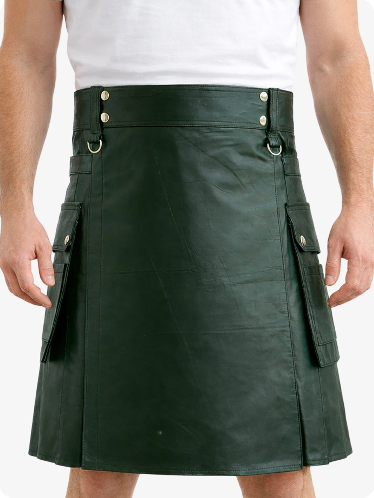 Dark Green Genuine Leather Utility Kilt with Cargo Pockets & D-Rings