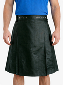 Person wearing a Dark Green leather kilt on a white background