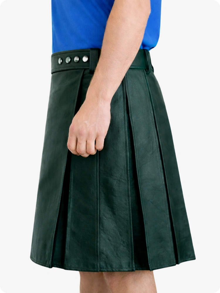 Dark Green pleated skirt worn by a person on a white background