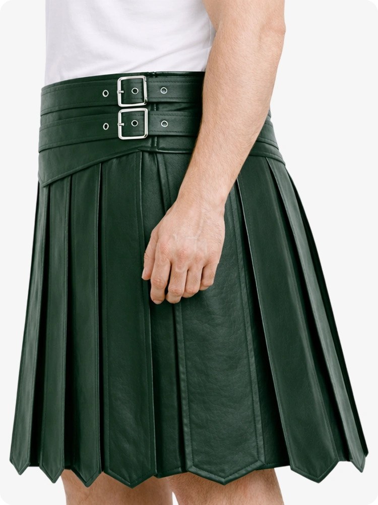 Dark Green Leather Highland Kilt Adjustable Buckle Waist & Classic Pleats