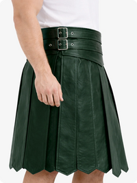 Dark Green Leather Highland Kilt Adjustable Buckle Waist & Classic Pleats