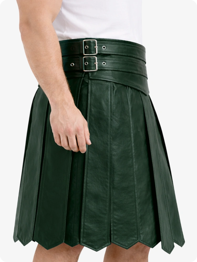 Dark Green Leather Highland Kilt Adjustable Buckle Waist & Classic Pleats