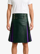 Dark Green Leather Kilt With Purple Pleats