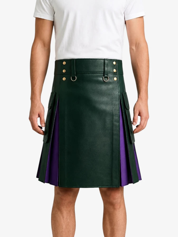 Dark Green Leather Kilt With Purple Pleats