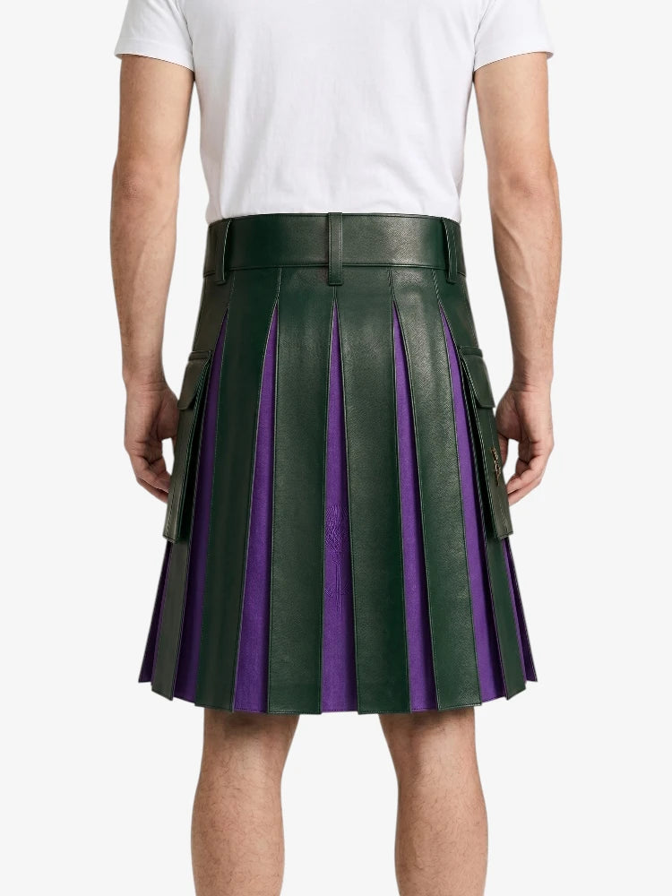 Dark Green Leather Kilt With Purple Pleats Back